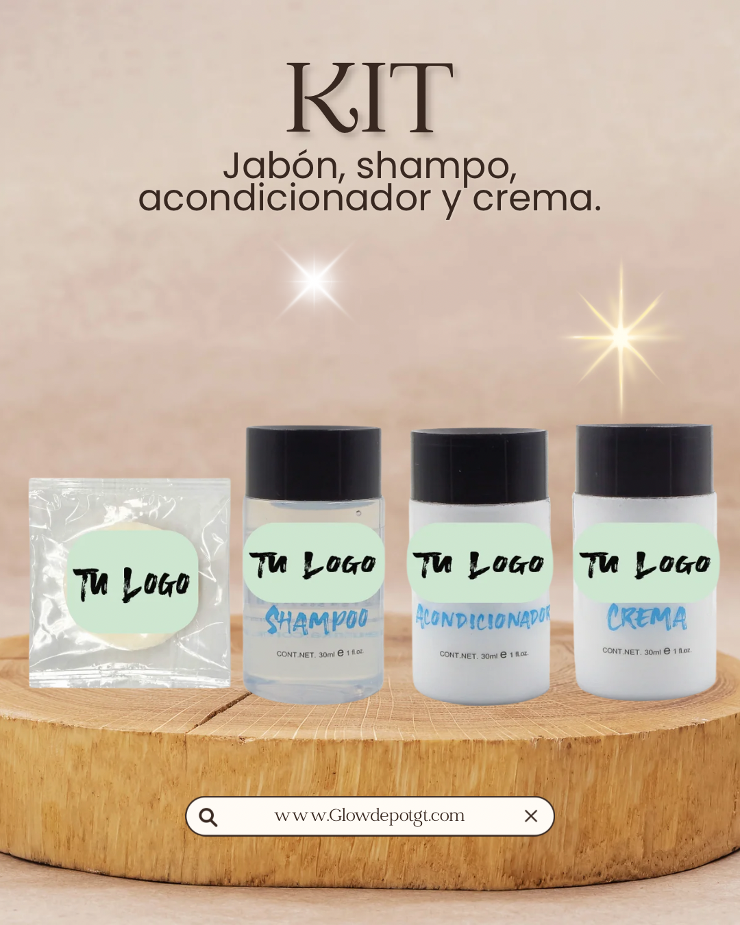 Kit Jabón, Shampoo, Acondicionador y Crema PERSONALIZADOS 30ml – Caja 400 pzas.