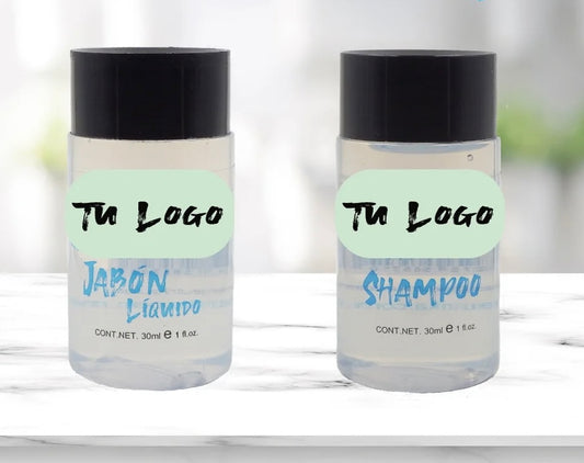 Kit Jabón Líquido y Shampoo 30ml PERSONALIZADOS – Caja 200 pzas. LÍNEA ECO