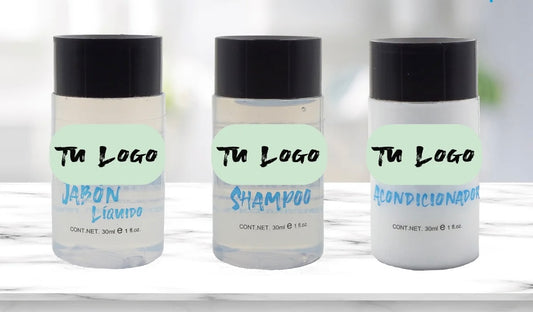 Kit Jabón Líquido, Shampoo y Acondicionador 30ml PERSONALIZADOS – Caja 300 pzas. Línea ECO
