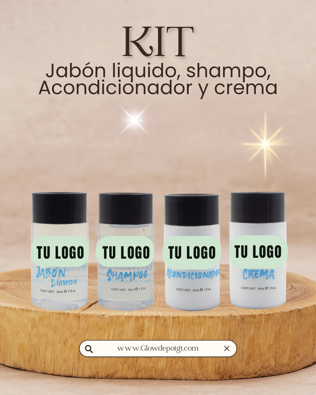 Kit Jabón Líquido, Shampoo, Acondicionador y Crema 30ml PERSONALIZADOS – Caja 400 pzas. Línea ECO