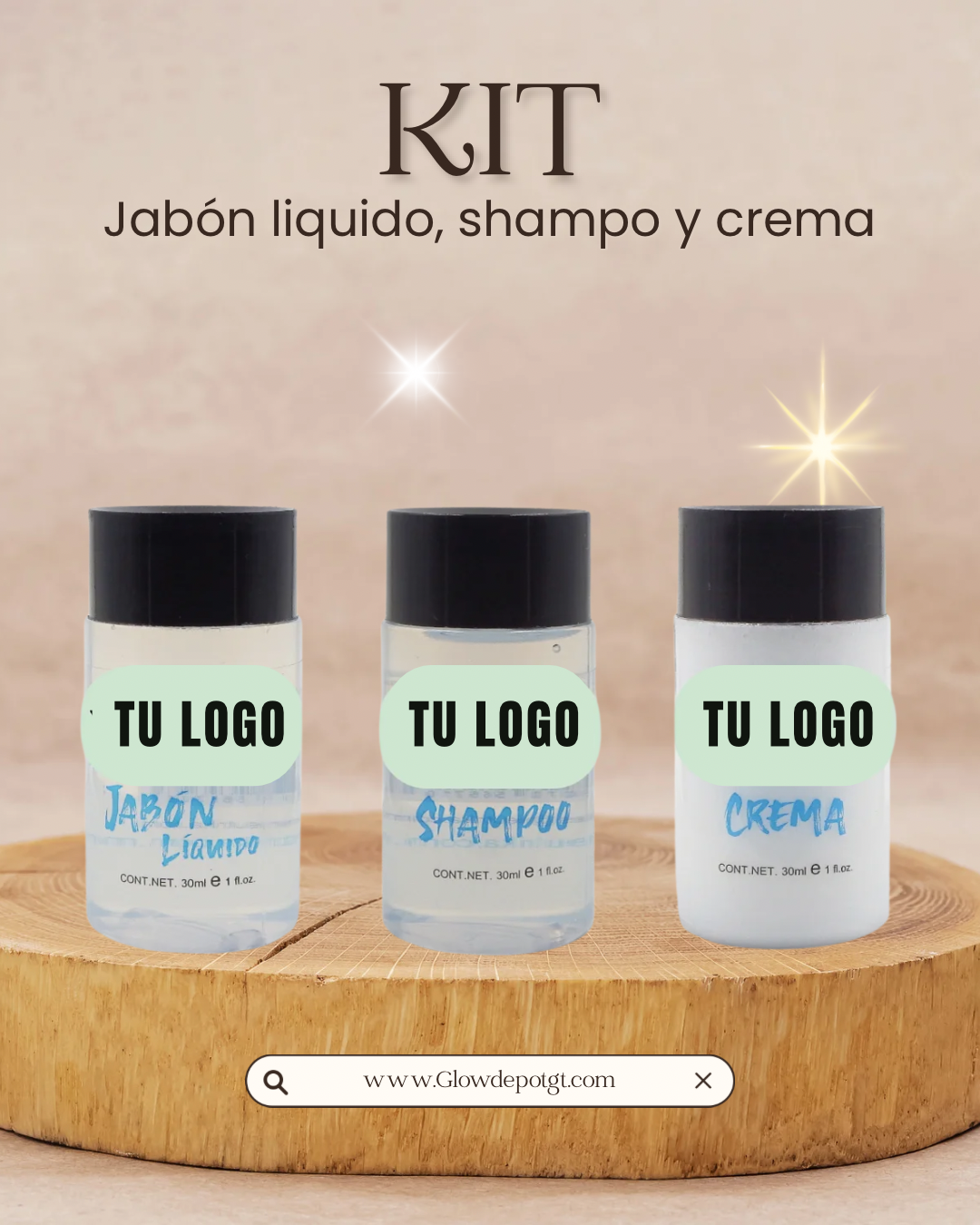 Kit Jabón Líquido, Shampoo y Crema 30ml PERSONALIZADOS – Caja 300 pzas.