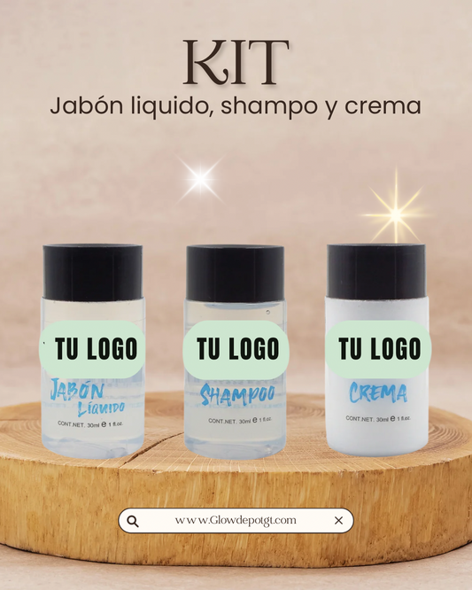 Kit Jabón Líquido, Shampoo y Crema 30ml PERSONALIZADOS – Caja 300 pzas.